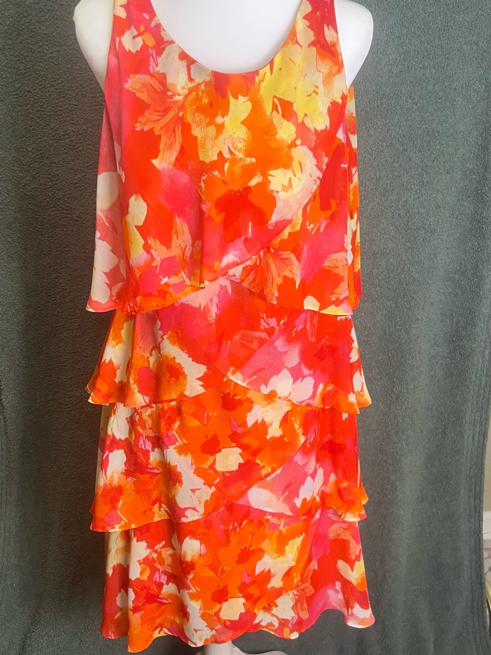 SL Fashions Orange and Pink Floral Tiered Sleeveless Dress